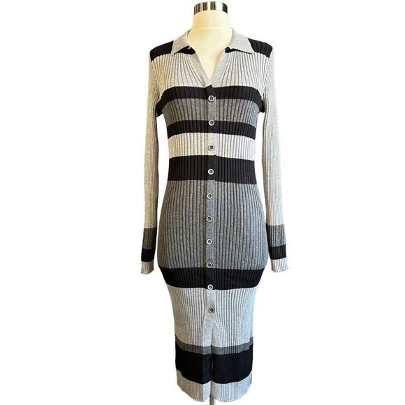 NWT Taylor Striped Button Front Slit Ribbed Sweater Dress M - Picture 1 of 9